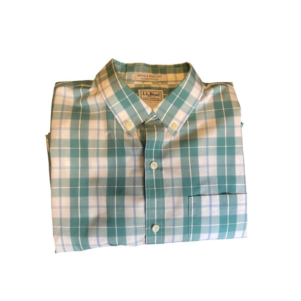 L.L .Bean Men Button Down Shirt L Plaid Teal Green White Blue Wrinkle Resistant